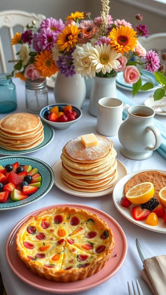 A brunch table with pancakes, quiche, and fruit salad, decorated with flowers and syrup.